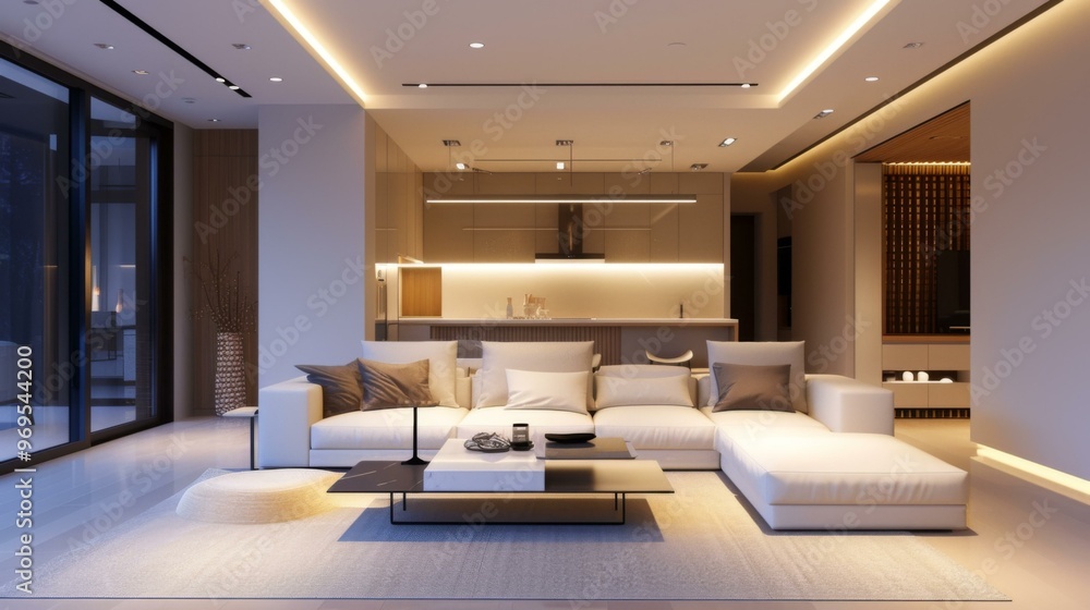 Fototapeta premium Modern Minimalist Living Room Design with Sectional Sofa and Large Windows