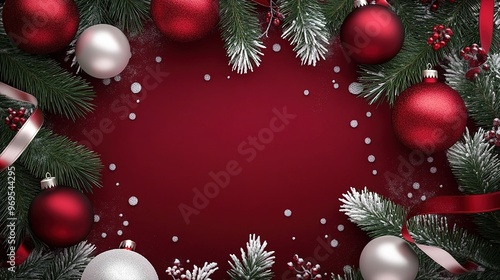 Wallpaper Mural Festive holiday ornaments and greenery arranged on a red background for Christmas decoration during the winter season Torontodigital.ca