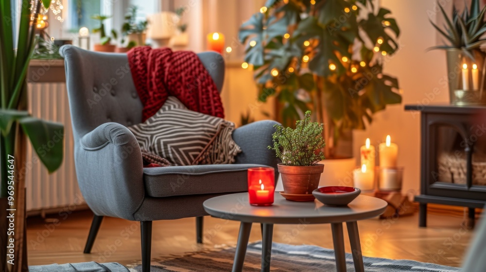 Obraz premium Cozy Living Room with Armchair, Candles, and Fireplace