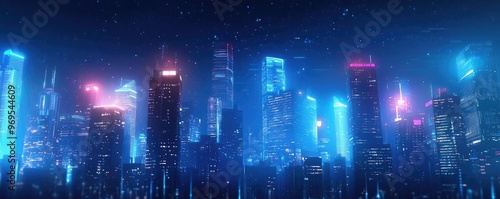 A vibrant futuristic city skyline illuminated by neon lights against a dark starry sky, showcasing modern architecture and technology.