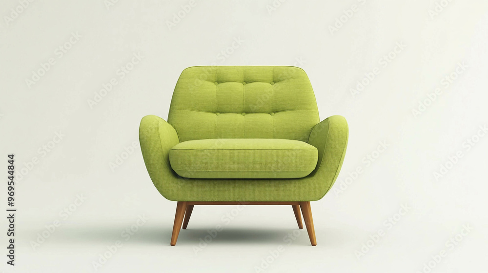 A modern and comfortable armchair in green colors isolated on a light beige background