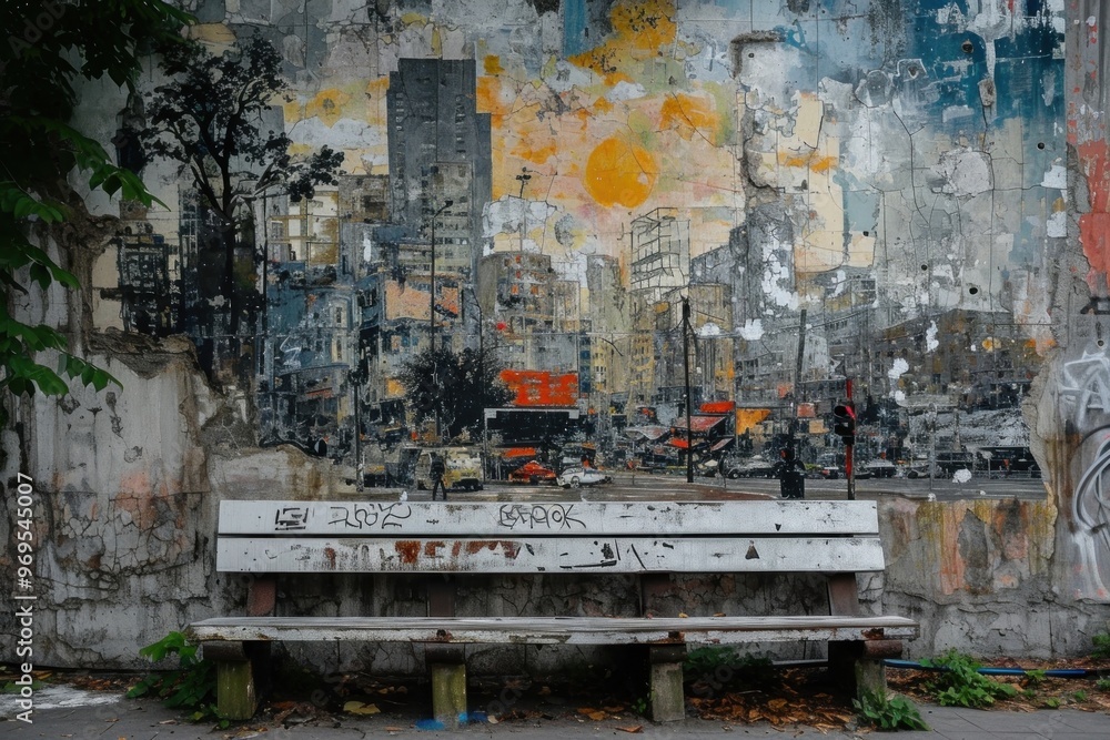 Mural of a bustling city scene painting bench wall. Mural of a bustling city scene painting bench wall.