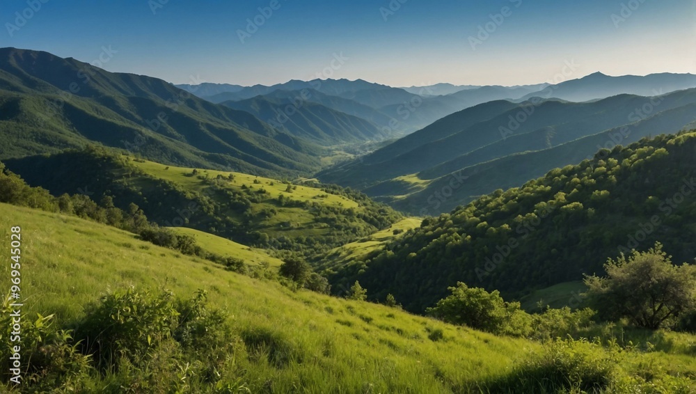 A peaceful mountain valley with lush greenery and clear blue skies A peaceful mountain valley with lush greenery and clear blue skies