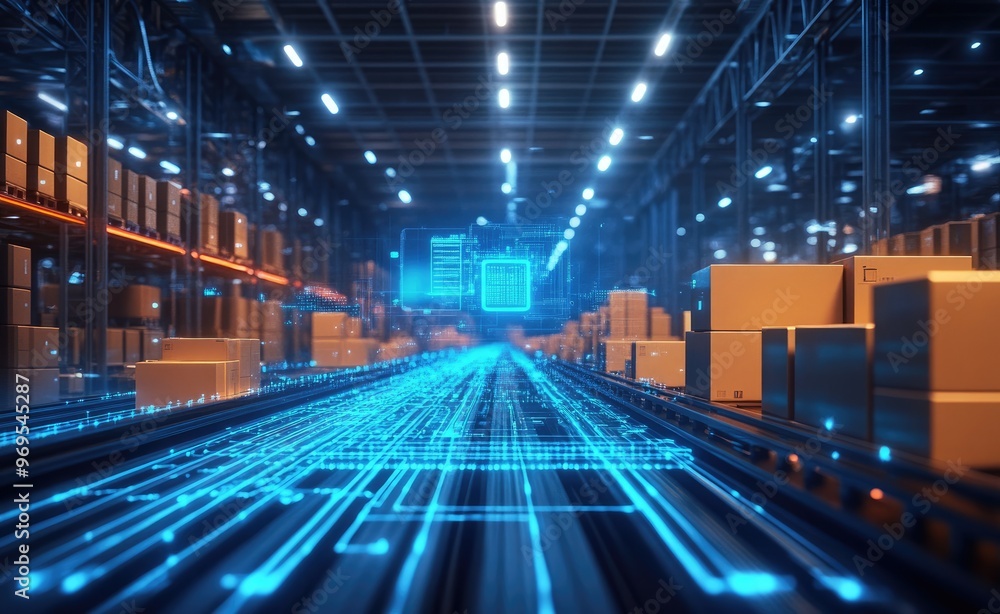 Obraz premium Automated warehouse with digital interface.