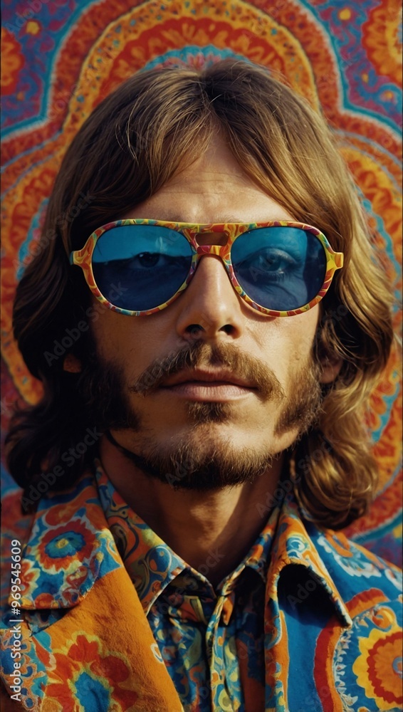 A psychedelic poster of a 70s hippie, featuring groovy patterns and vivid colors. A psychedelic poster of a 70s hippie, featuring groovy patterns and vivid colors.