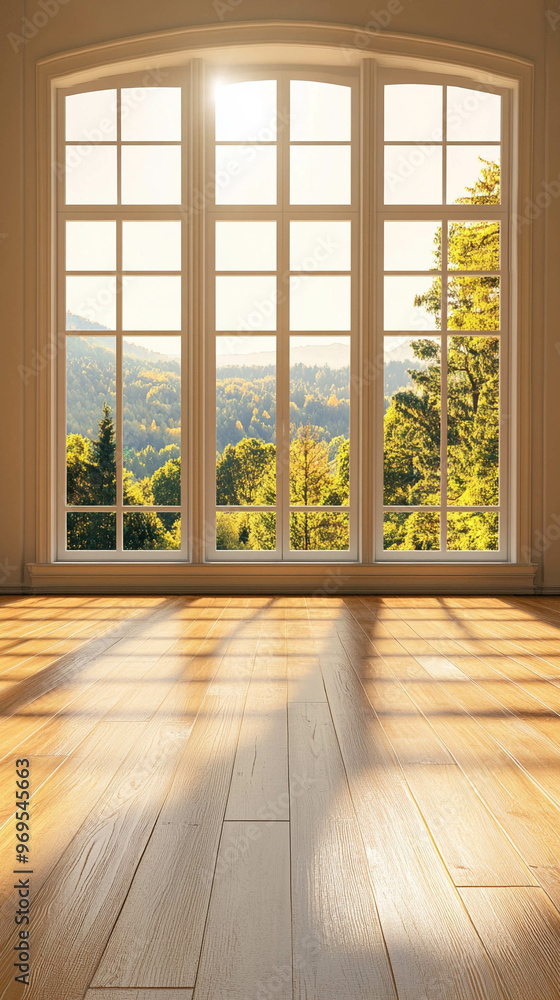 Vertical photo of an empty living room in light colors with wooden floor and large bright window with greenery view Vertical photo of an empty living room in light colors with wooden floor and large bright window with greenery view