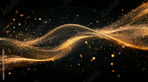Scattered gold particles on black background in wave shape. Holiday background. Generative AI
