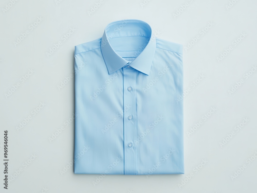 Crisp and Clean: Neatly Ironed Light Blue Shirt on White Surface Crisp and Clean: Neatly Ironed Light Blue Shirt on White Surface