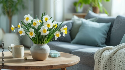 Wallpaper Mural White Daffodils in a Vase on a Coffee Table in a Cozy Living Room Torontodigital.ca