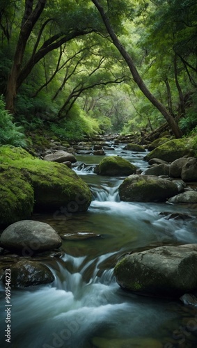 A serene creek flows through a lush, green landscape, surrounded by rocks and trees.