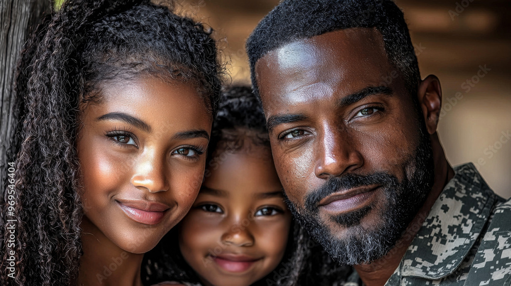 A Black family, a father and his two daughters, looking directly at the camera. A Black family, a father and his two daughters, looking directly at the camera.