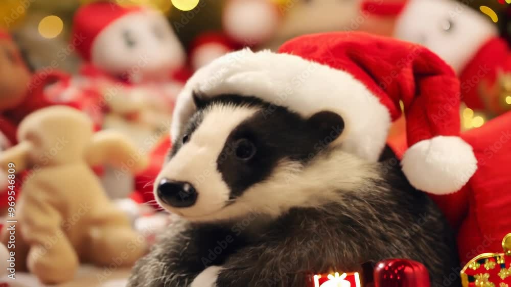 Cute Badger in Santa Hat Scene Cute Badger in Santa Hat Scene