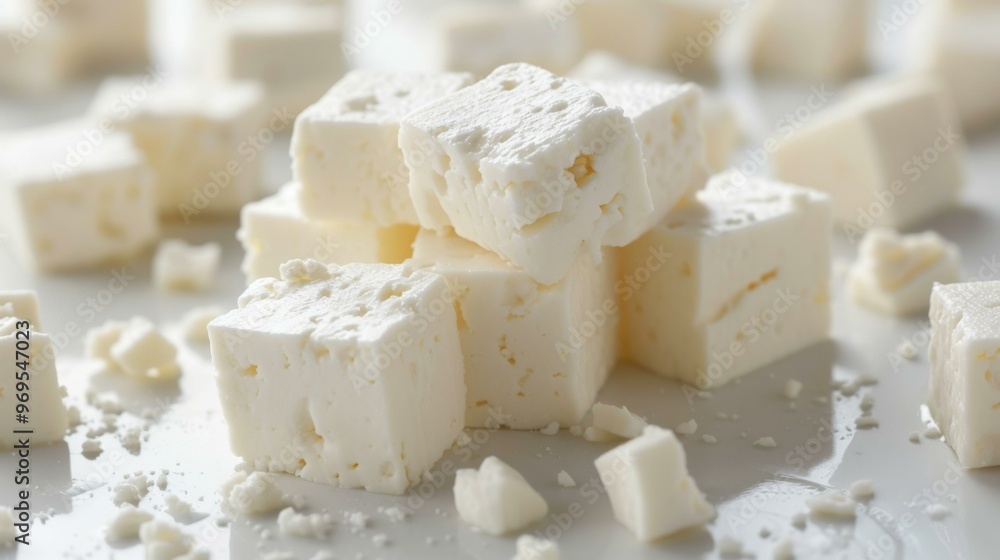 Close-up of Fresh Feta Cheese Cubes on a White Plate Close-up of Fresh Feta Cheese Cubes on a White Plate