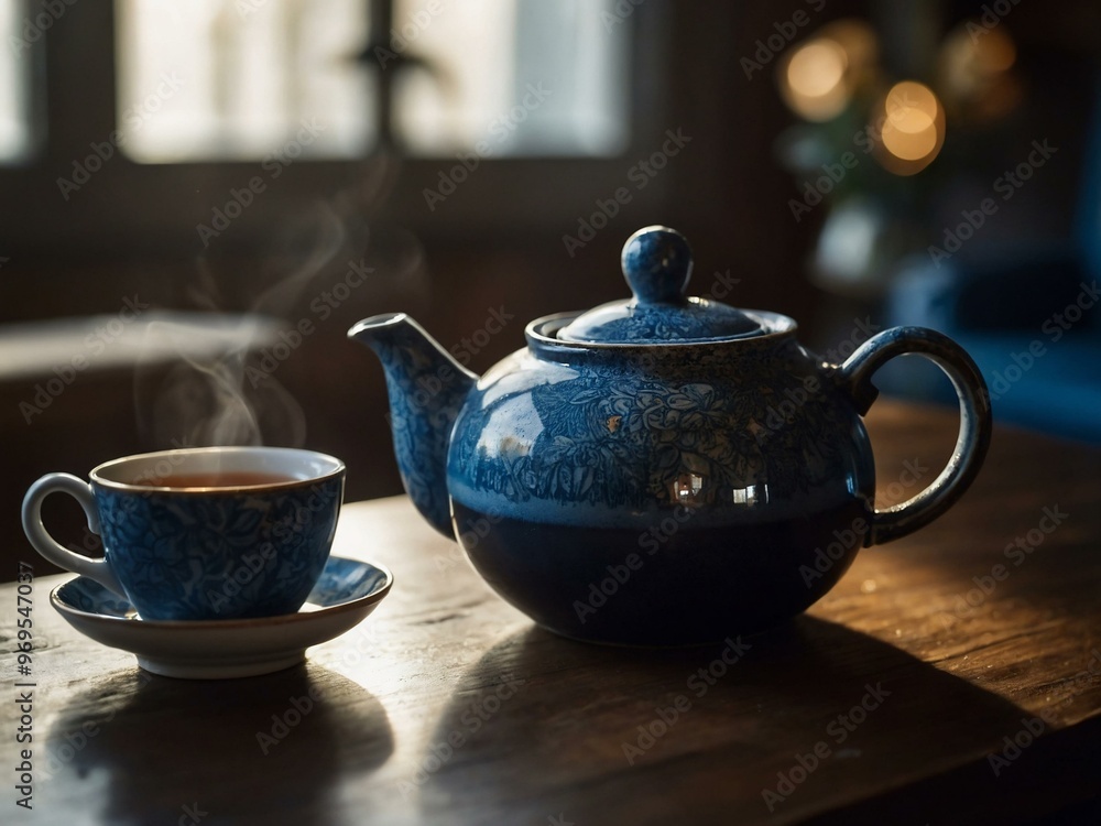 A teapot pouring steaming tea into a waiting cup A teapot pouring steaming tea into a waiting cup