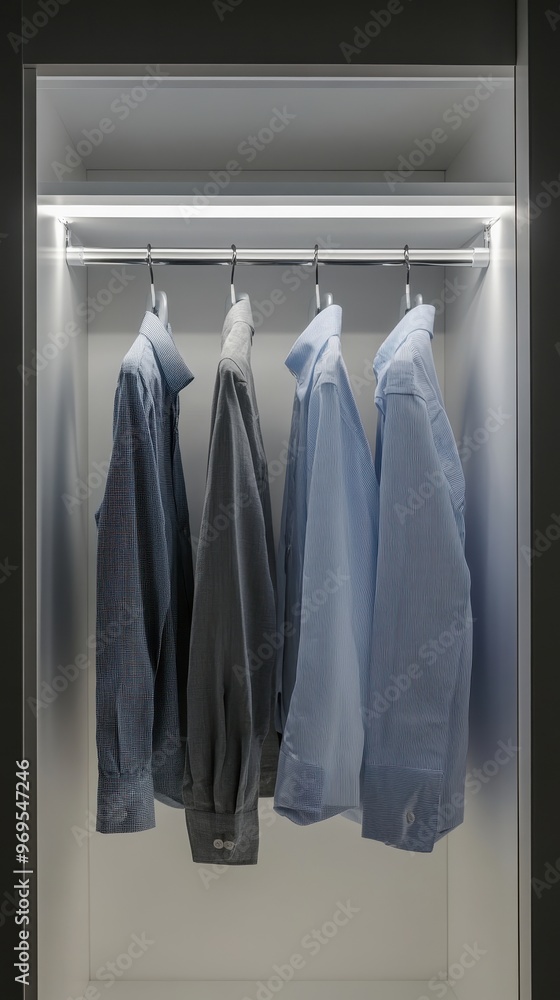 Minimalist Grey Shirt Hanging in Wardrobe on White Background Minimalist Grey Shirt Hanging in Wardrobe on White Background