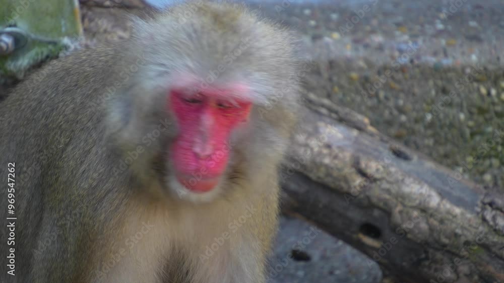 A female macaque sitting down. looking around and walking away A female macaque sitting down. looking around and walking away