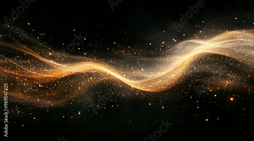 Scattered gold particles on black background in wave shape. Holiday background. Generative AI