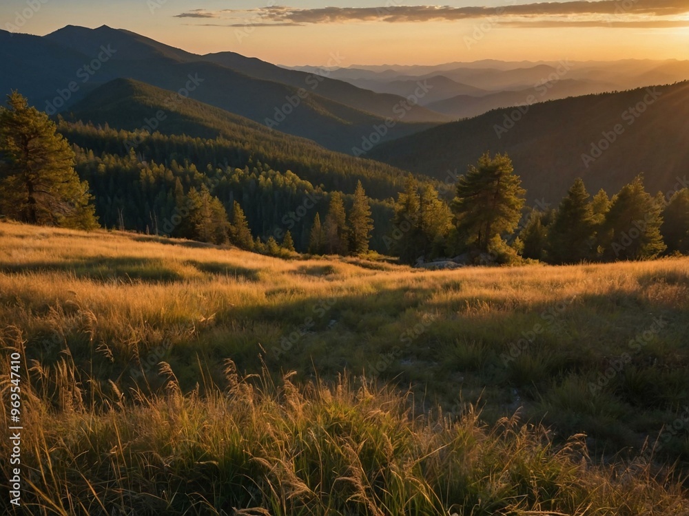 A tranquil sunset in a forest, with mountains in the background and soft golden light A tranquil sunset in a forest, with mountains in the background and soft golden light