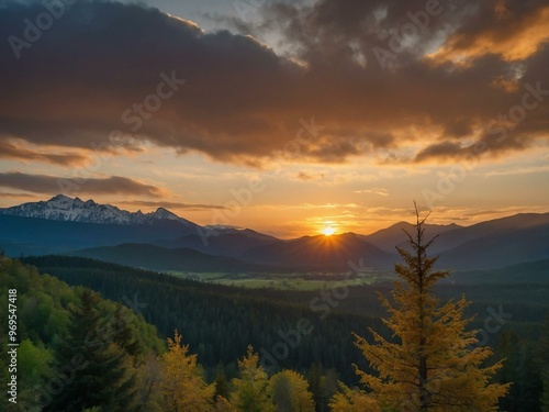 A tranquil sunset in a forest, with mountains in the background and soft golden light.