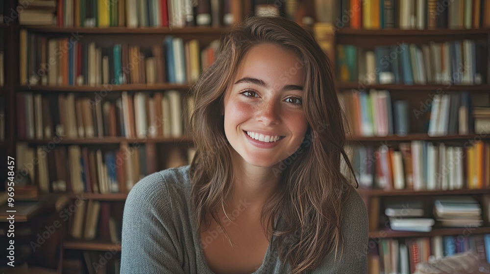 Smiling woman with a bookshelf in the background. This photo can be used for articles about education, literacy, and knowledge. Smiling woman with a bookshelf in the background. This photo can be used for articles about education, literacy, and knowledge.