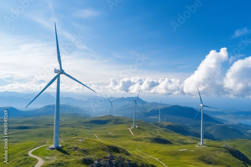 Expansive view of wind turbines on rolling hills under a bright blue sky with scattered clouds at mid-day photo