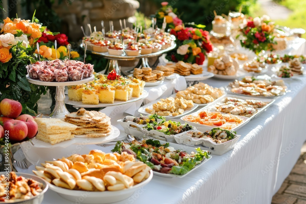 A large buffet table with a variety of food. This image shows a perfect spread for a wedding or other special event. A large buffet table with a variety of food. This image shows a perfect spread for a wedding or other special event.