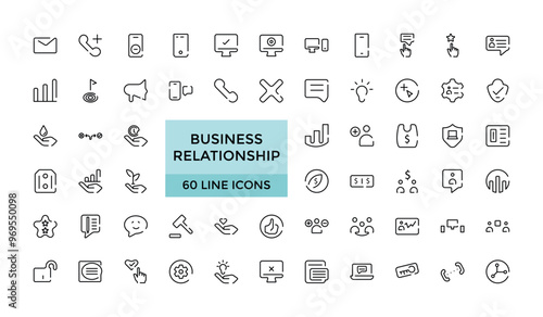 Business relationship icon set, Vector set of linear icons, team work and human resource management. Editable Stroke icon Set. Pixel Perfect.