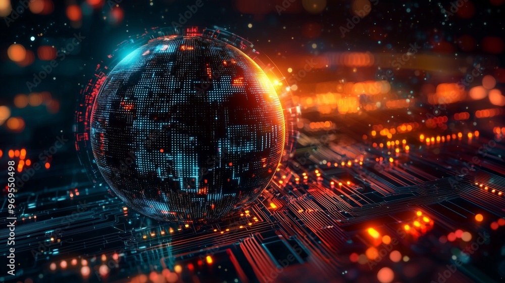 Fototapeta premium A glowing digital globe on a circuit board symbolizes global digital connectivity and advanced technology.