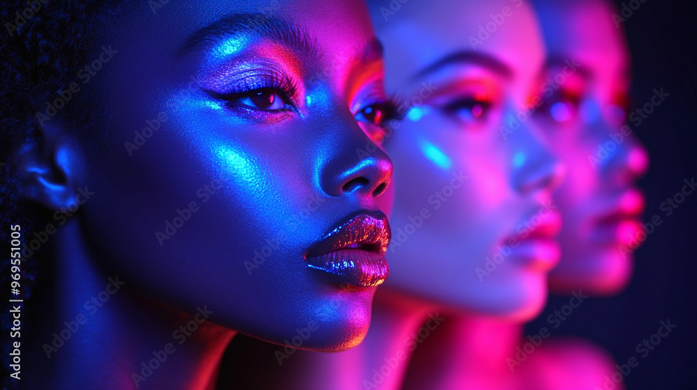Obraz premium diverse set of models different ethnicities and genders bold neon makeup, glowing ultraviolet light