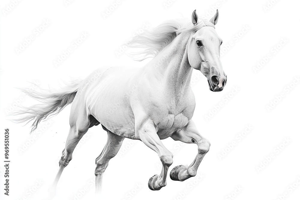White horse with long mane run free gallop isolated on white White horse with long mane run free gallop isolated on white