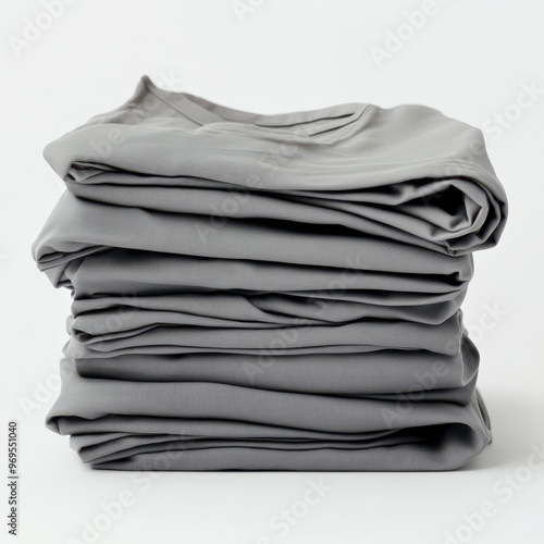 Minimalist Grey Shirt Folded in Perfect Stack on White Background