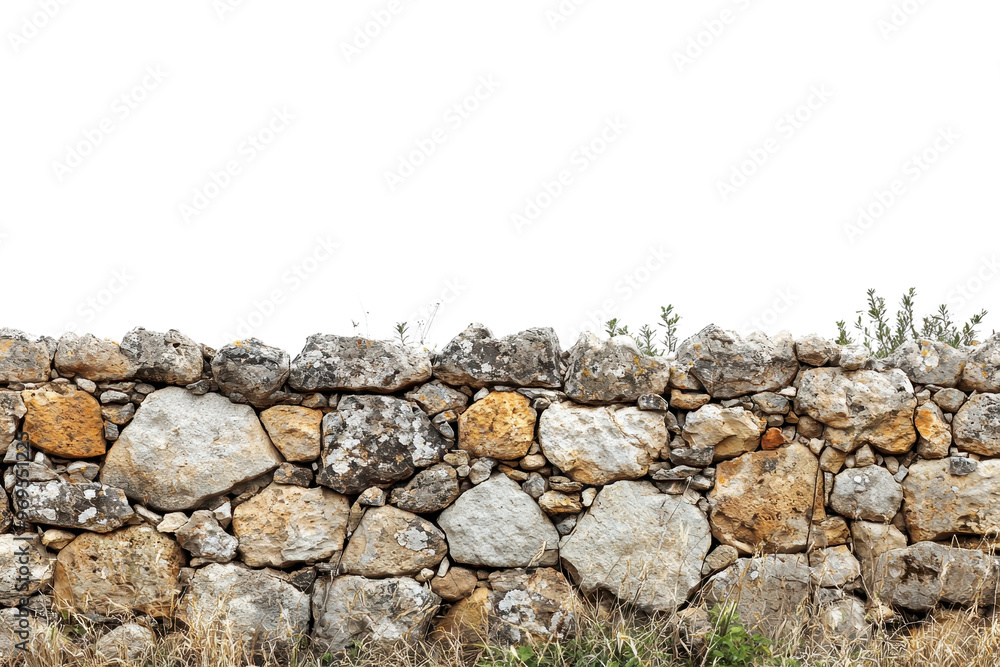 Old stone wall with moss and plants growing on top, isolated on a transparent background. Perfect for historical or architectural designs. Old stone wall with moss and plants growing on top, isolated on a transparent background. Perfect for historical or architectural designs.