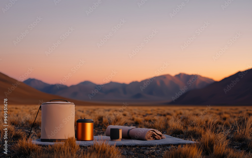 Obraz premium A serene camping setup in the wilderness at sunset, featuring cozy blankets and rustic utensils against majestic mountains.