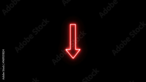 Down direction arrow neon glowing icon red color 4k illustration. black background 4k illustration. 