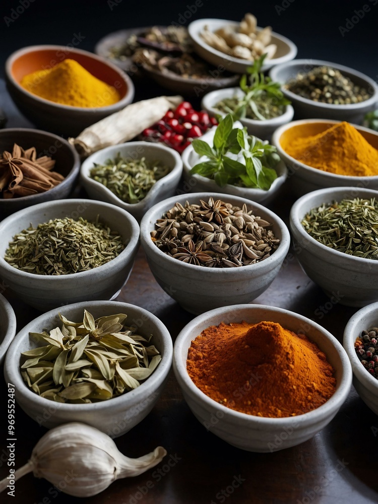 An assortment of herbs and spices arranged, creating an aromatic culinary scene. An assortment of herbs and spices arranged, creating an aromatic culinary scene.