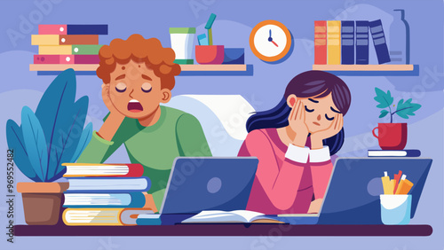 Tired people yawn while work or study at desk with books and laptop. Vector flat illustration of bored and sleepy characters, students feel tiredness, girl sleep on books stack