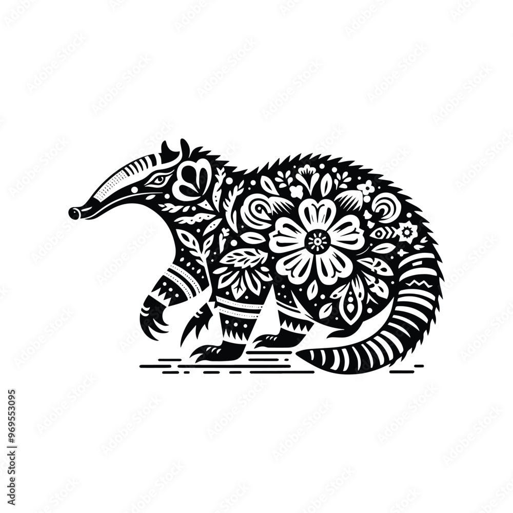 Anteater in folk art black and white silhouette illustration - Anteater in folk art black and white silhouette illustration -