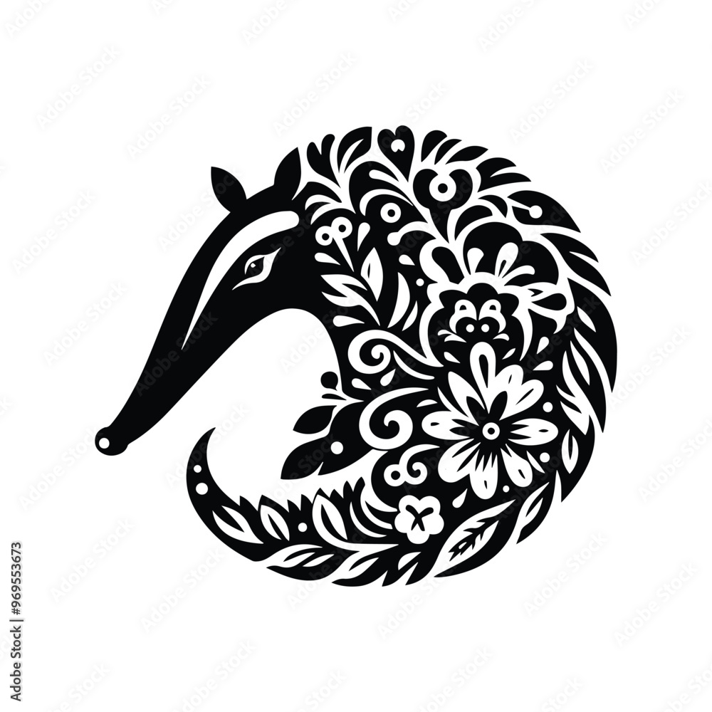 Anteater in folk art black and white silhouette illustration - Anteater in folk art black and white silhouette illustration -
