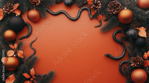 A creative autumn decoration featuring black snakes intertwined with festive ornaments and pinecones on an orange background photo