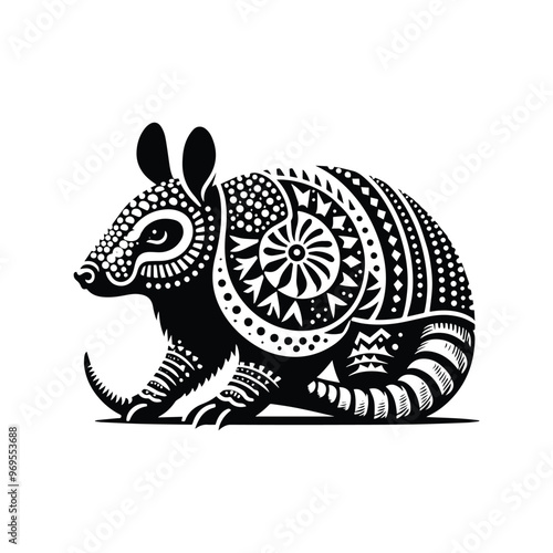 Armadillo in bohemian black and white silhouette illustration -