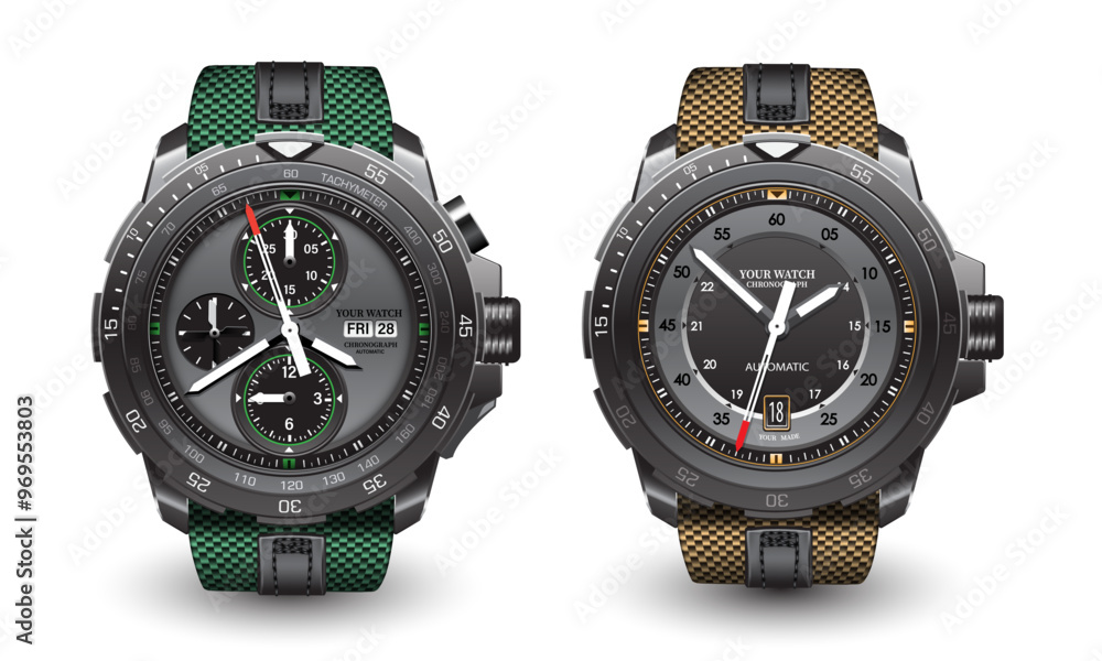 Realistic watch clock black steel face white arrow number with green yellow fabric leather strap on isolated design classic luxury vector Realistic watch clock black steel face white arrow number with green yellow fabric leather strap on isolated design classic luxury vector