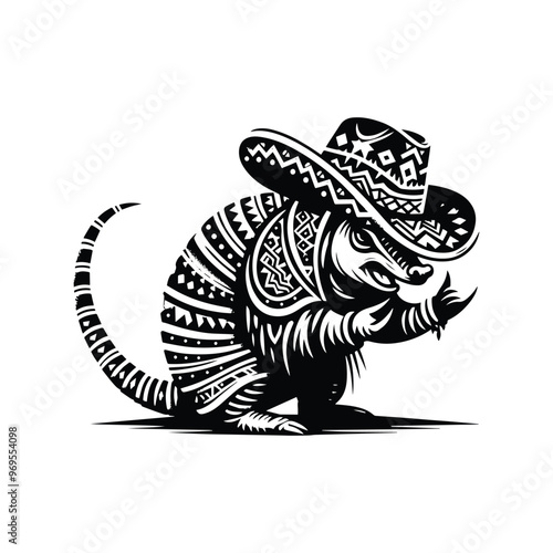 Armadillo in bohemian black and white silhouette illustration -