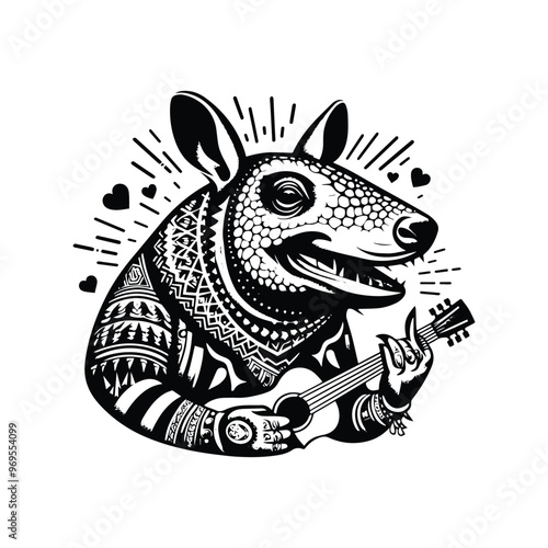 Armadillo in bohemian black and white silhouette illustration - photo