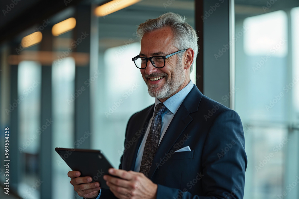 Happy middle aged business man ceo wearing suit standing in office using digital tablet. Smiling mature businessman professional executive manager looking away thinking working on tech device. Happy middle aged business man ceo wearing suit standing in office using digital tablet. Smiling mature businessman professional executive manager looking away thinking working on tech device.