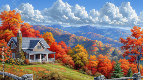 Charming Cabin in Vibrant Autumn Mountain Landscape