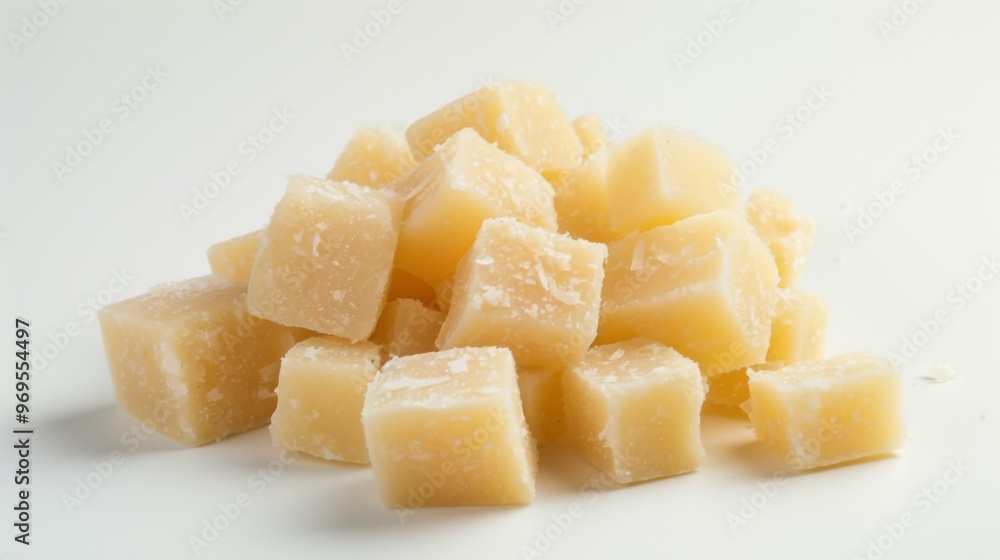 Close-up of Parmesan Cheese Cubes on White Background Close-up of Parmesan Cheese Cubes on White Background