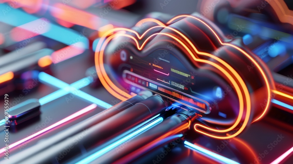 Abstract colorful visualization of cloud computing technology with data cables and digital elements in a futuristic style. Abstract colorful visualization of cloud computing technology with data cables and digital elements in a futuristic style.