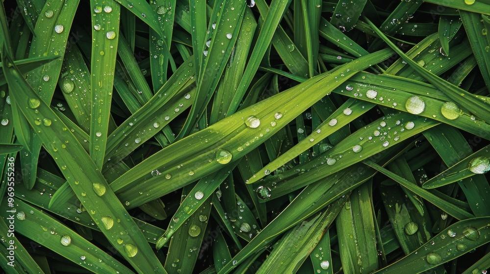 The background texture of bright green grass with sparkling water droplets evokes a calm and refreshing atmosphere, thoughts of serenity and tranquillity in the setting, The background texture of bright green grass with sparkling water droplets evokes a calm and refreshing atmosphere, thoughts of serenity and tranquillity in the setting,