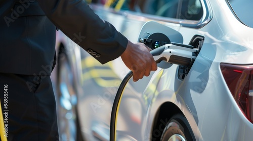 Close-up of a person charging an electric vehicle, showcasing clean energy and sustainability in modern transportation.