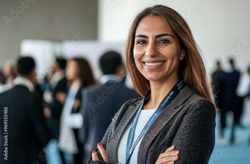 Wallpaper Mural A smiling businesswoman with her arms crossed stands in front of a blurred background of a crowded convention hall. Torontodigital.ca
